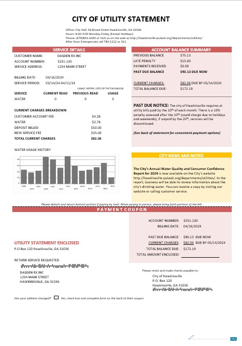 USA City of Utility Statement water business utility bill template in Word and PDF formats